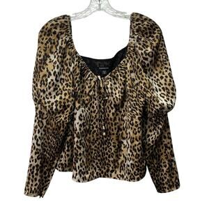 Express Womens Large Cheetah Print Puff Sleeve Tie Front Blouse Silky